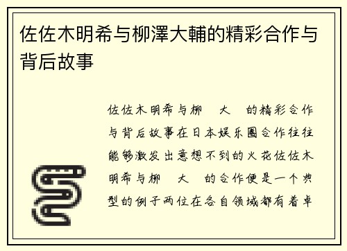 佐佐木明希与柳澤大輔的精彩合作与背后故事 佐佐木明希与柳澤大輔的精彩合作与背后故事